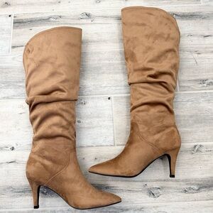 Coffee Slouchy Faux Suede Wide Calf Kitten Heel Pointed Toe Knee High Boots